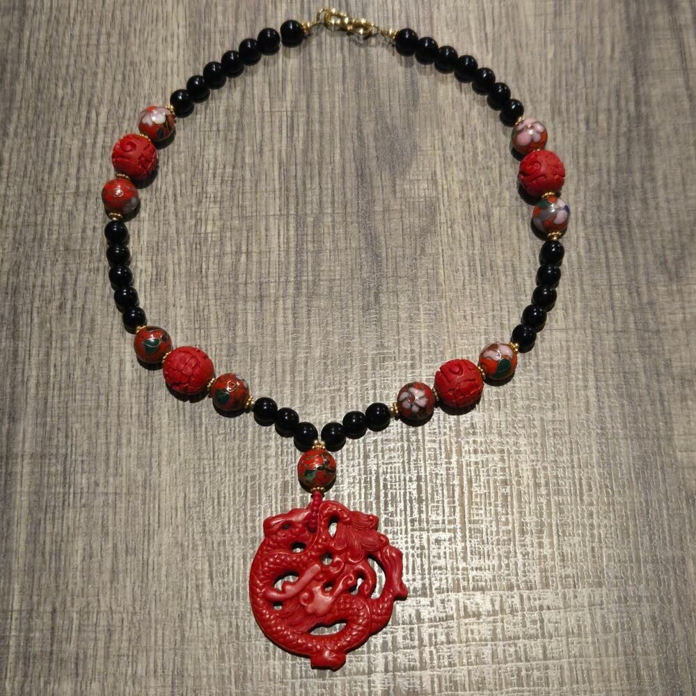 Vintage Chinese Carved Red Cinnabar Dragon Pendant Necklace Onyx Cloisonne Beads